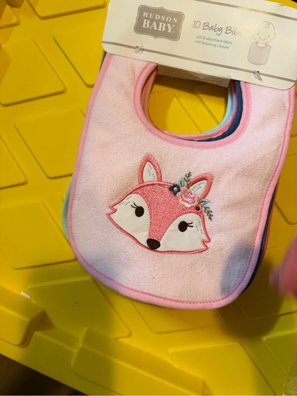 Hudson Baby Pink Fox Embroidered Bib - Floral Accent